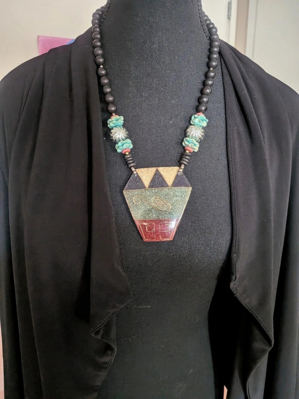 Vintage Geometric Statement Necklace Mixed Stone Inlay Southwestern Chic